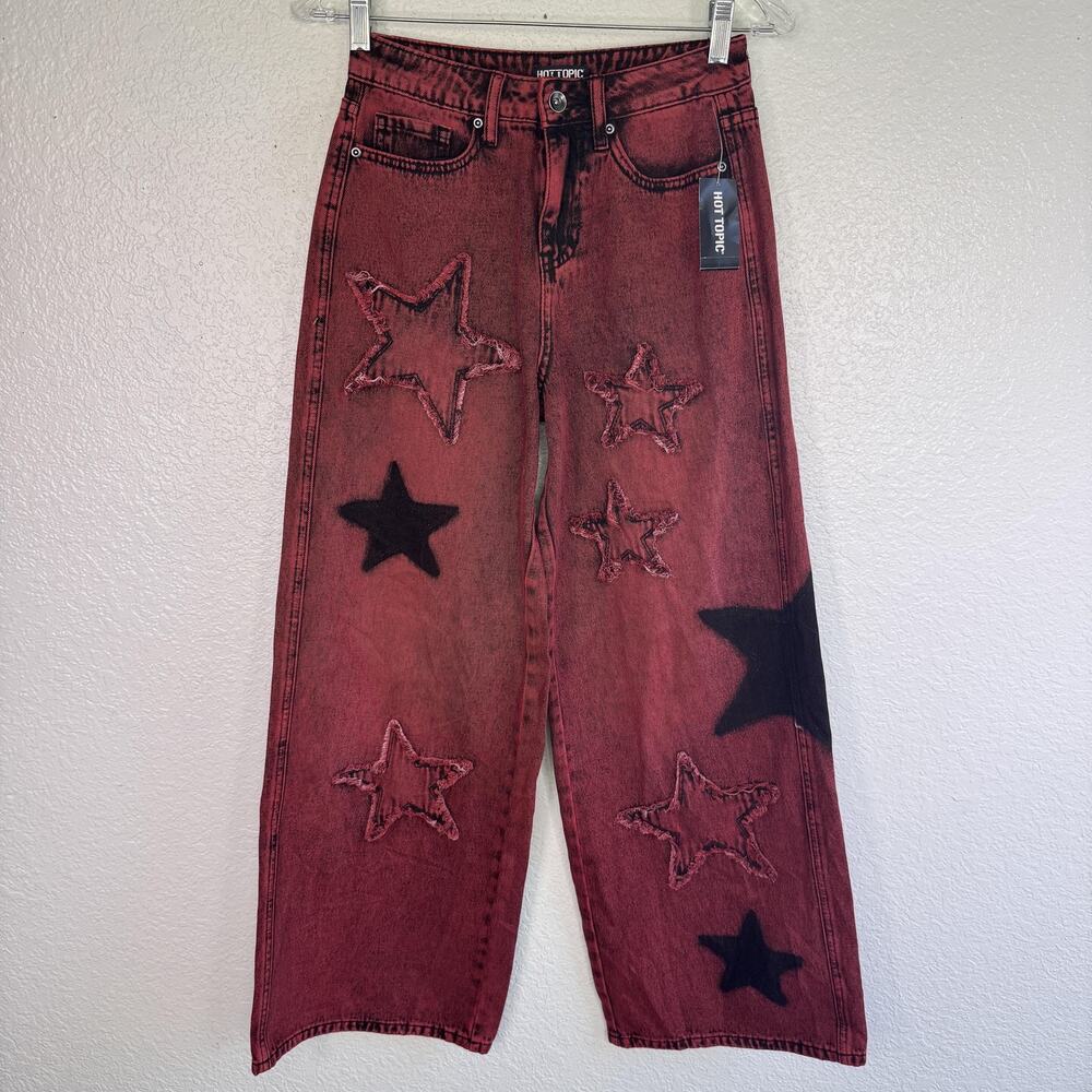 Hot Topic Jeans size 3 Star Print Wide Leg Baggy Denim Red Black Distressed Punk